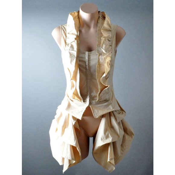 Tops - Khaki Beige Steampunk Gothic Tailcoat Evening Ruffle Top Womens Sleeveless Shirt